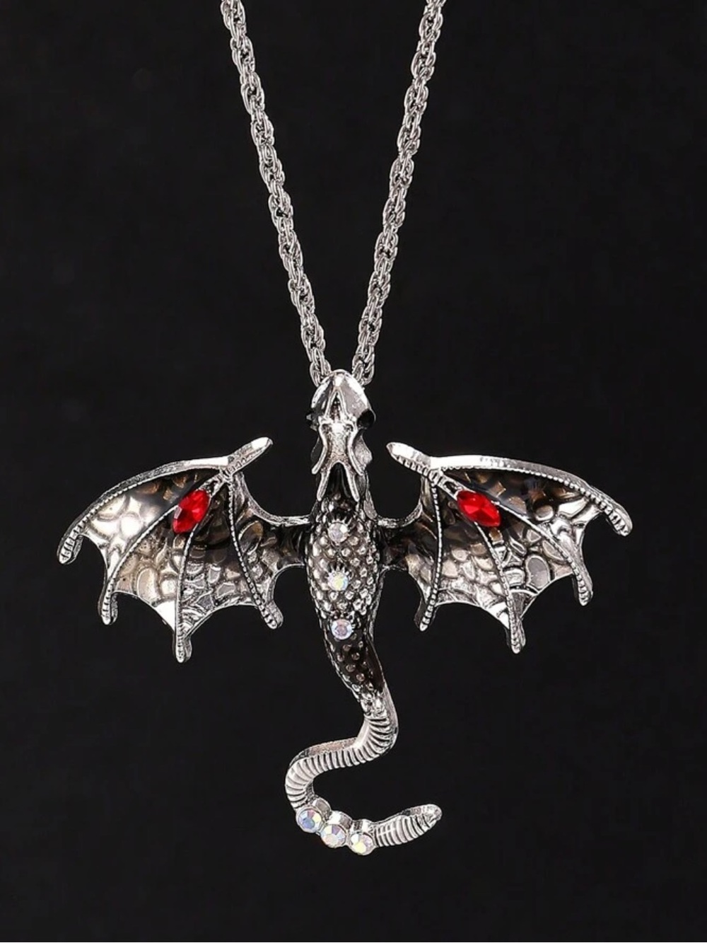 Silver Dragon Pendant Necklace with Red Accent Stones